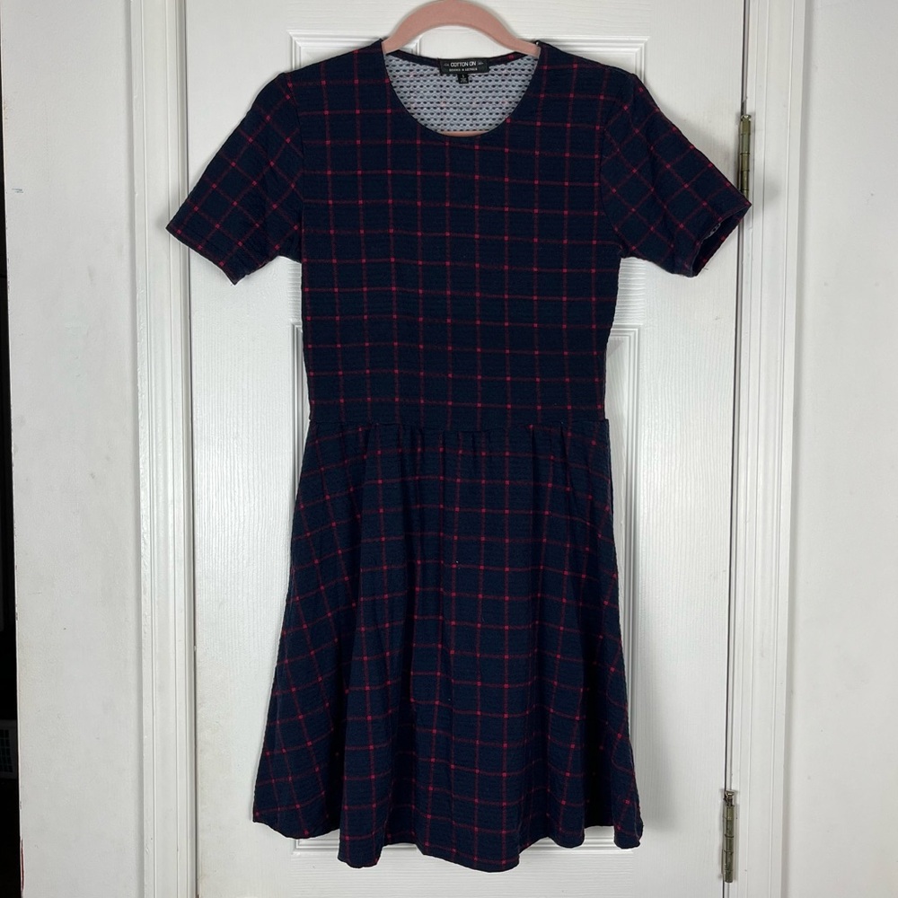 Cotton On Navy/Red Plaid Short Sleeve Dress Sz S - Picture 1 of 6